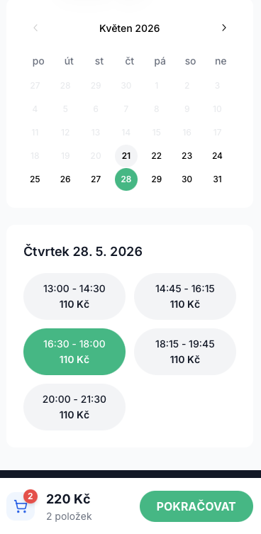 Mobile booking flow with calendar and available time slots