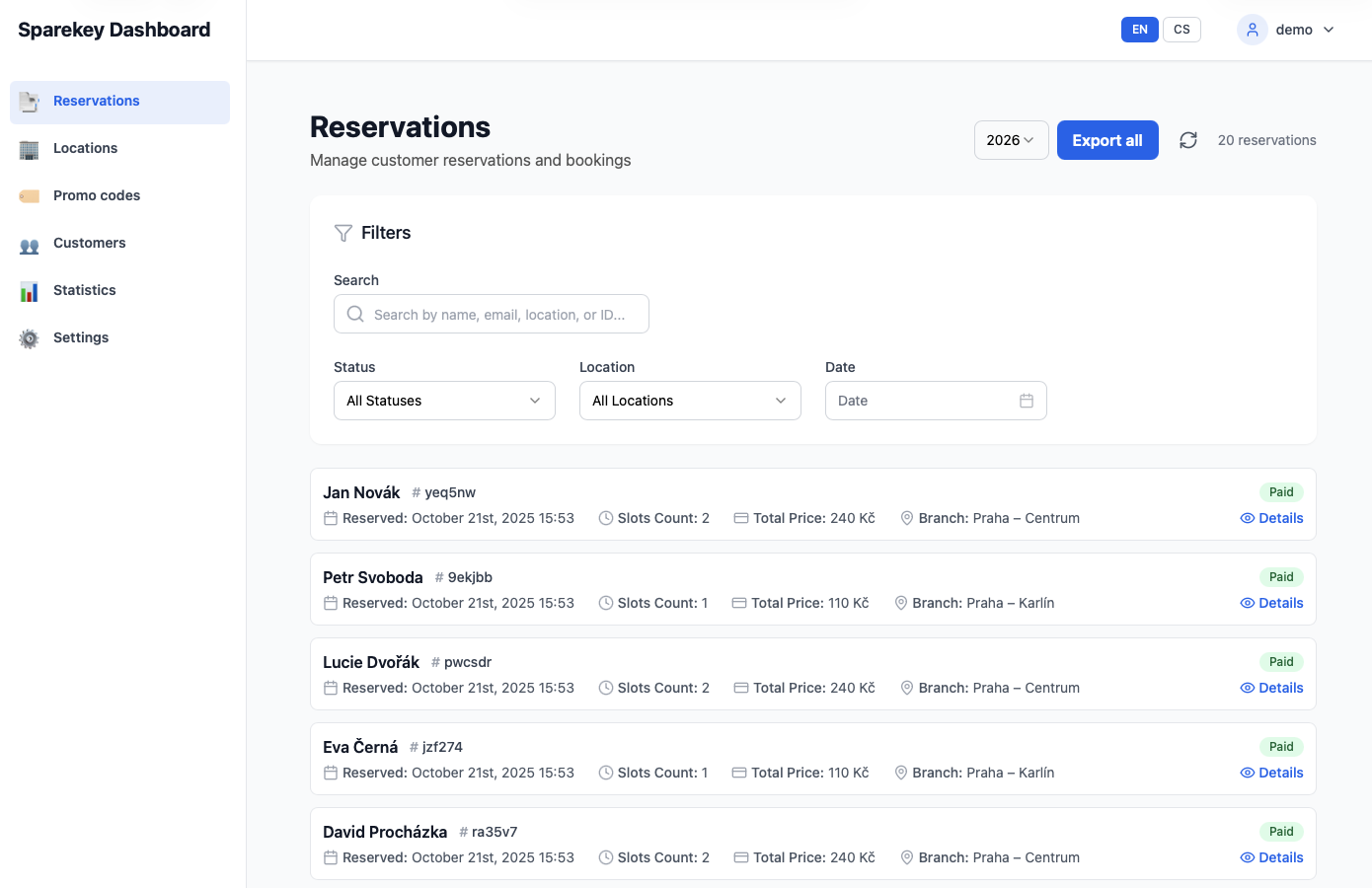 Sparekey dashboard reservations screen